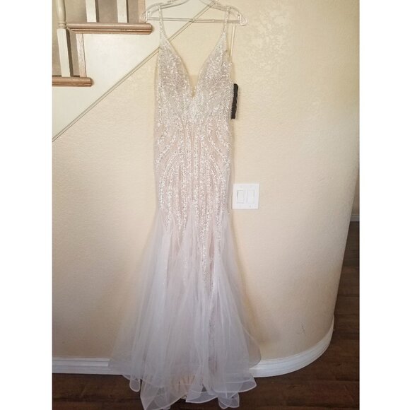 Off White Tulle Chantilly Lace Beaded Sequin Mermaid Wedding Dress 2 - Picture 3 of 9